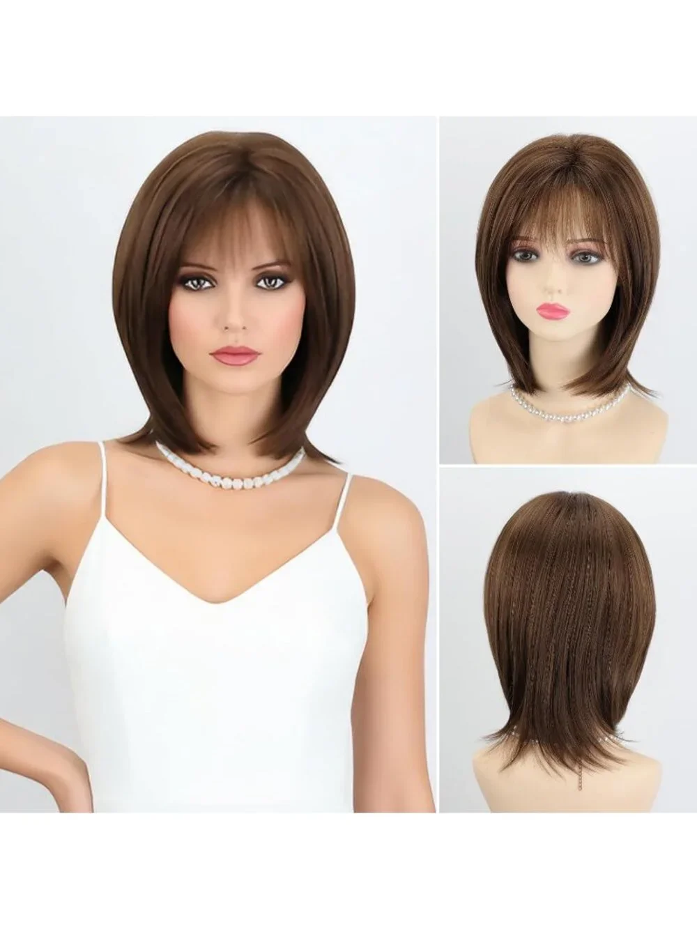 Women's Brown 12 Inch Mid Length Heat Synthetic Straight Layered Bob Wigs